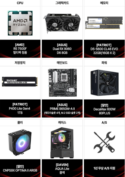 image.png [11번가] 완본체 5개 (7500F / RX9060 8G ~ 9800X3D / RTX5080 16G) (839,990~) (무료)