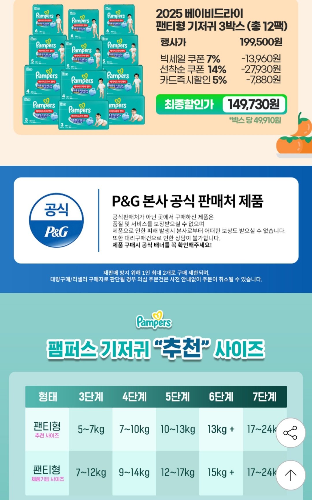 Screenshot_20250919-095654_G.jpg [지마켓] 팸퍼스 베이비드라이 팬티 기저귀 3~7단계 12팩(총 3박스) (149,730원) (무료)