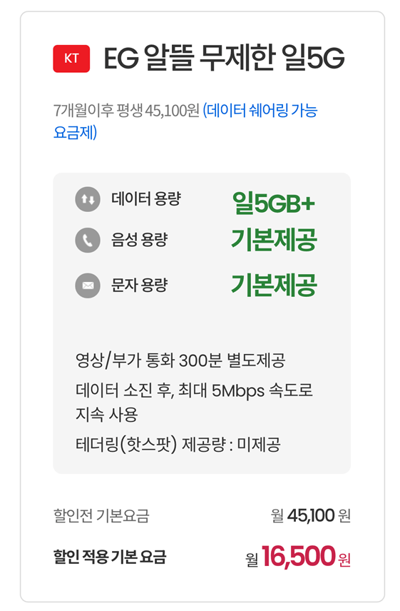 image.png [이지모바일] KT망 알뜰폰 100기가+5명박+밀리의서재 6개월 (16,000원) (무배)