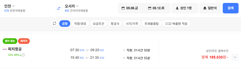 image.png [네이버항공권] 인천오사카 0508 0512 (185,630원) (무료)