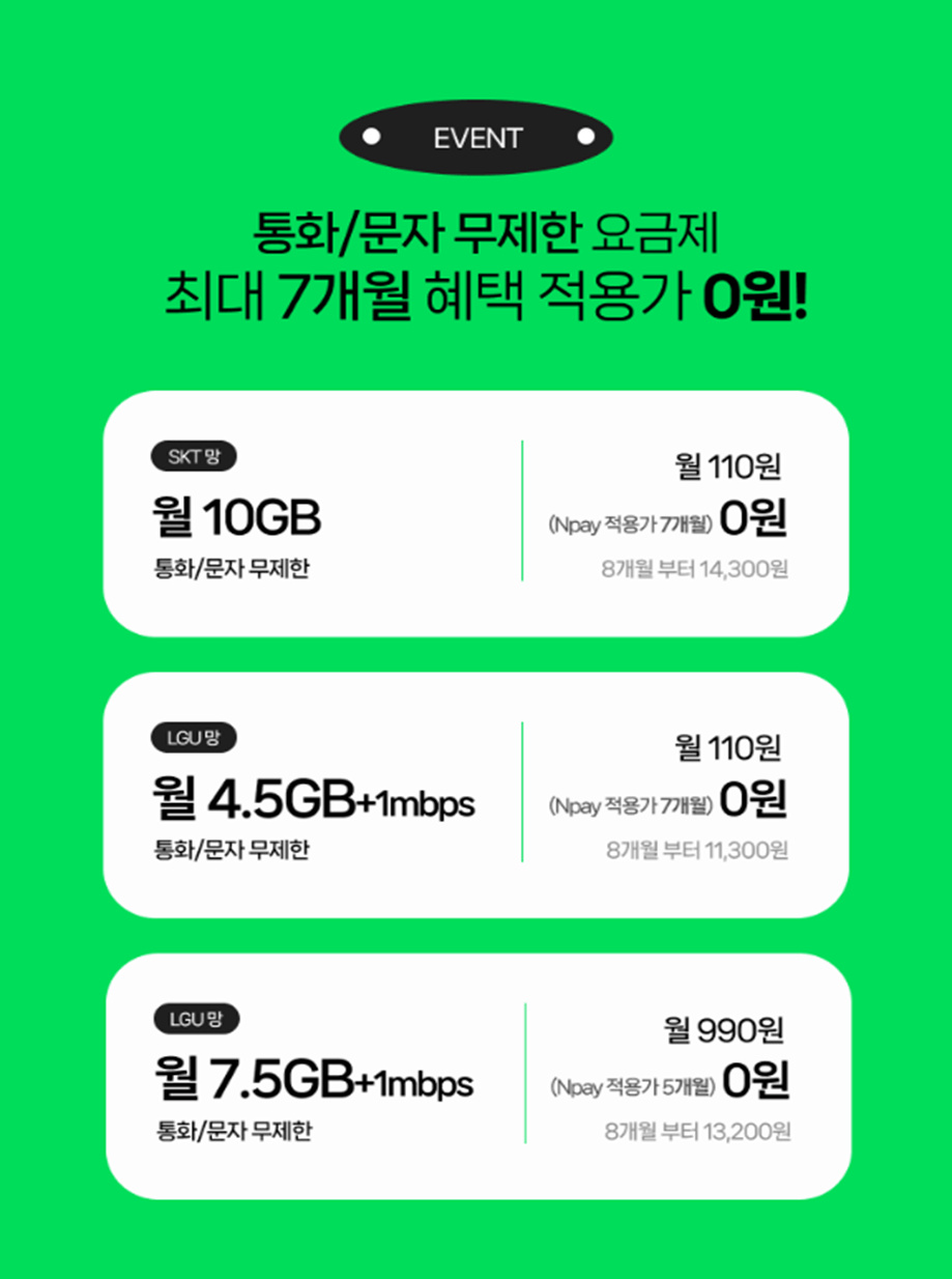 image.png [세모통] U+ 알뜰폰 4.5g+1mbps+통문무 + N페이 6천원 +유심무료 (110원) (무배)