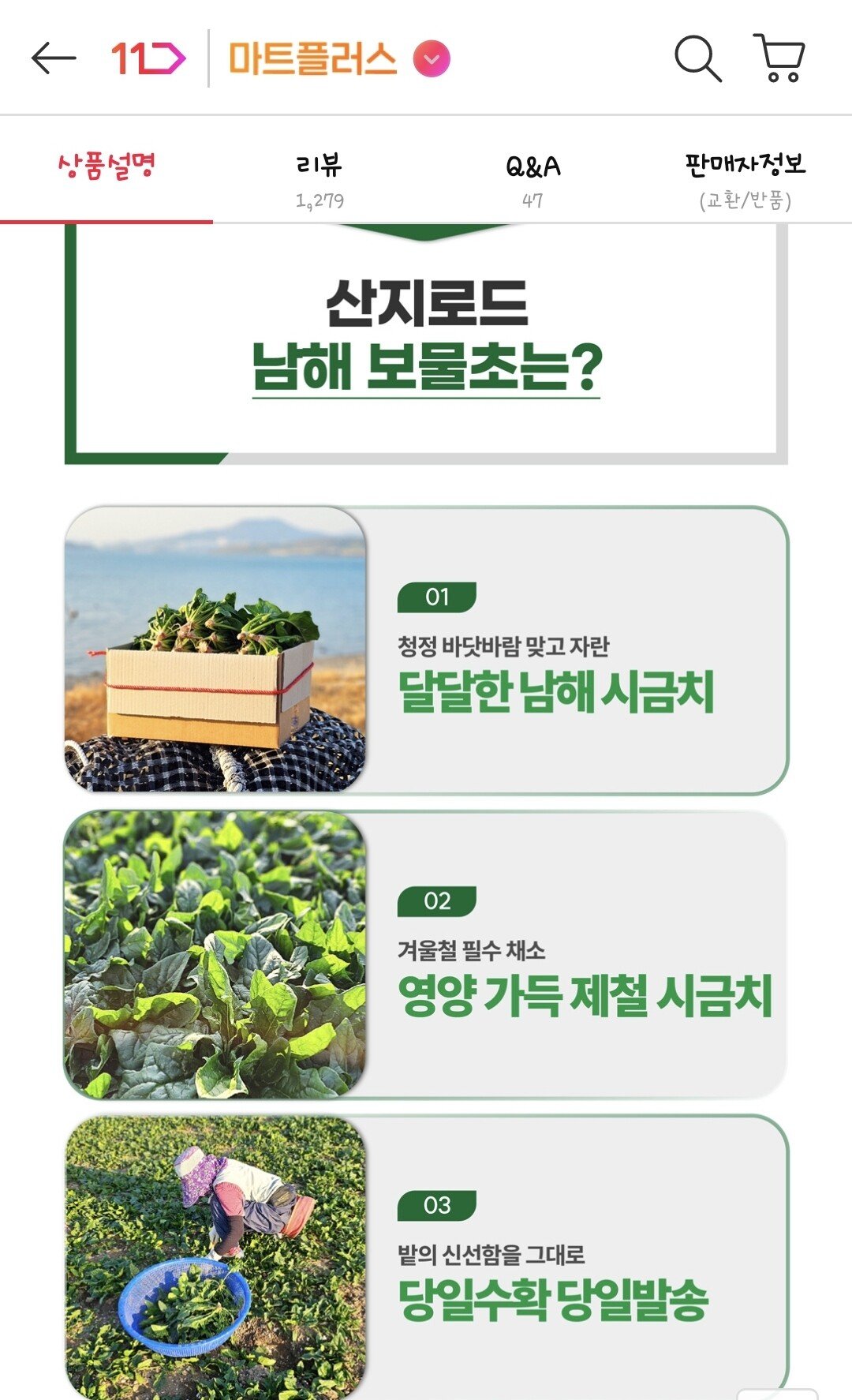 Screenshot_20251225_101031_11st.jpg [11번가] 남해 보물초 시금치 1kg (7,650원) (무료)