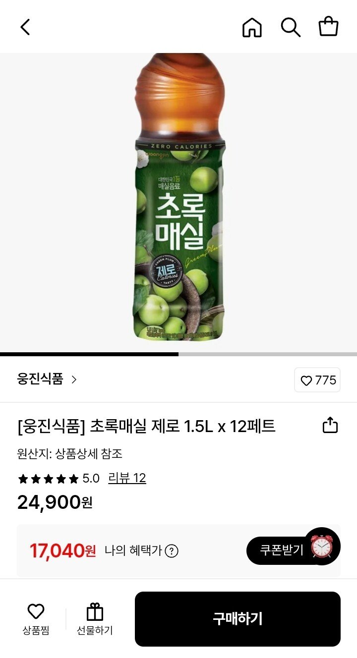 Screenshot_20251226-113510_Samsung Internet.jpg [롯데온] 초록매실 제로 1.5L x 12페트 (삼성월렛17,040) (무료)