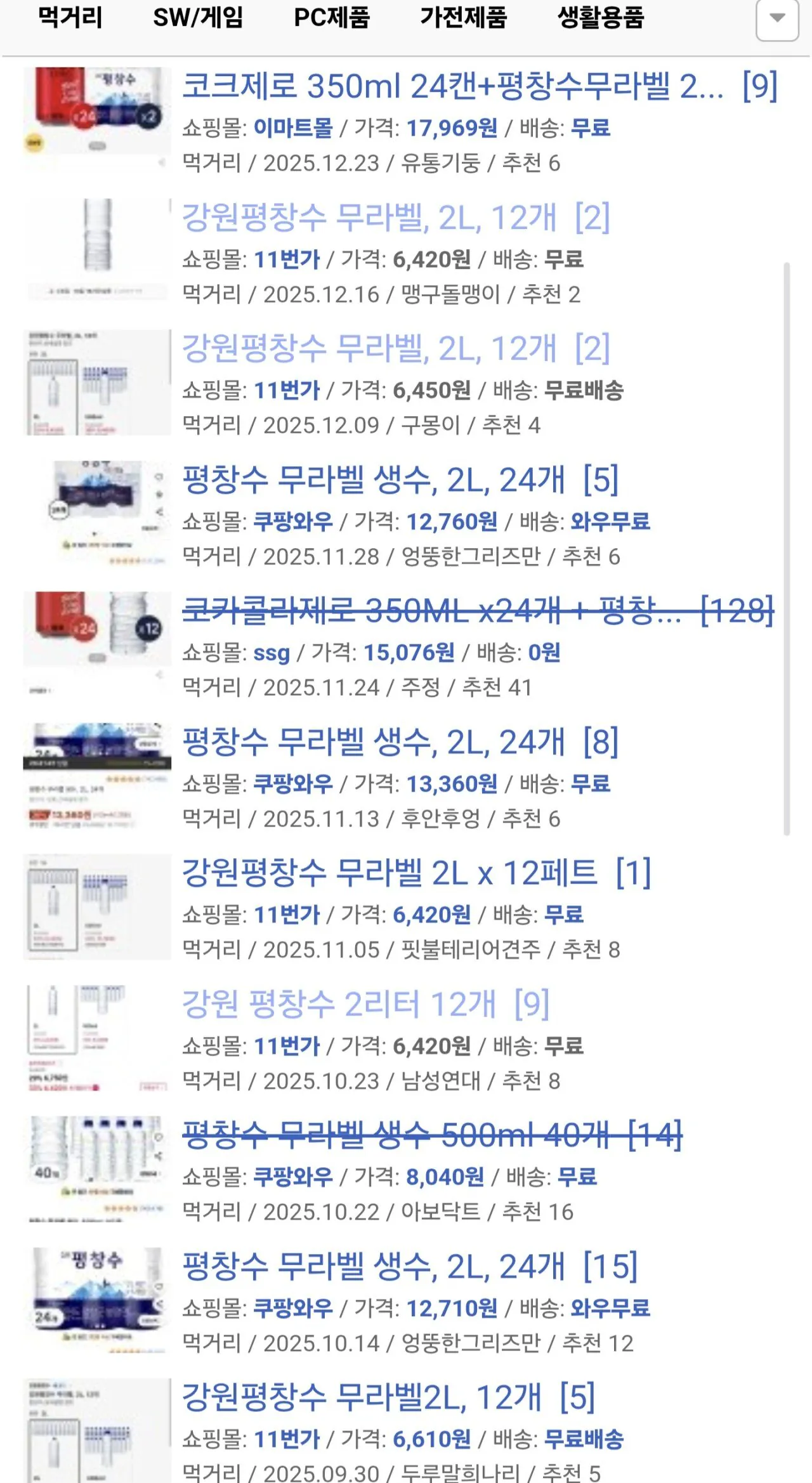[11번가] 강원평창수 2리터 x12병 (6,280원) (0원)