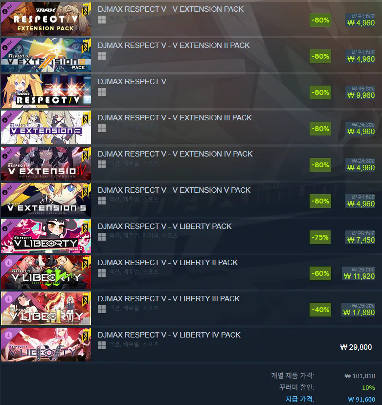 image.png [스팀] Djmax respect V DLC 발매기념 세일 (다양) (무료)