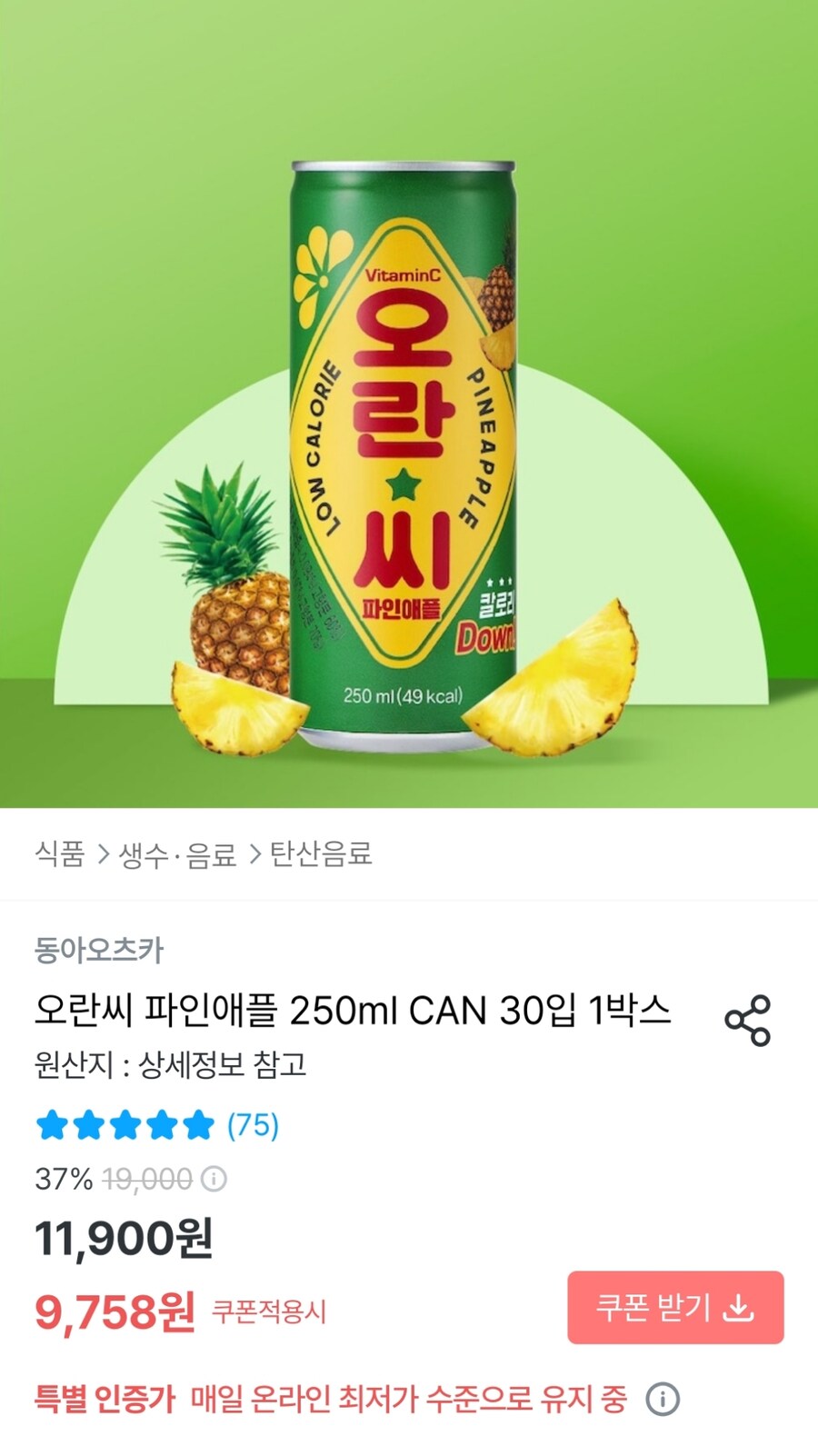 [오늘의집] 오란씨 파인애플 250ml 30개 (9,758원)_1.jpg