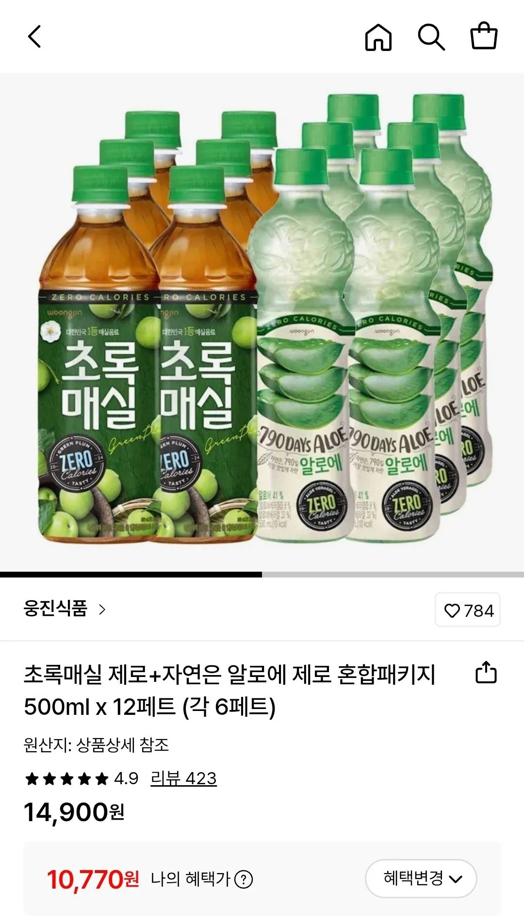 1767316796450.jpg [롯데온] 초록매실 제로+자연은 알로에 제로 500ml x 12페트 (10,770원) (무료)