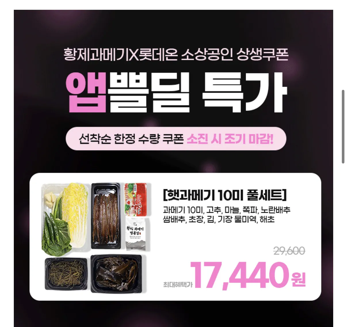 image.png [롯데온] 구룡포 과메기 기장 물미역+야채 풀세트 10마리 (17,440원) (무료)