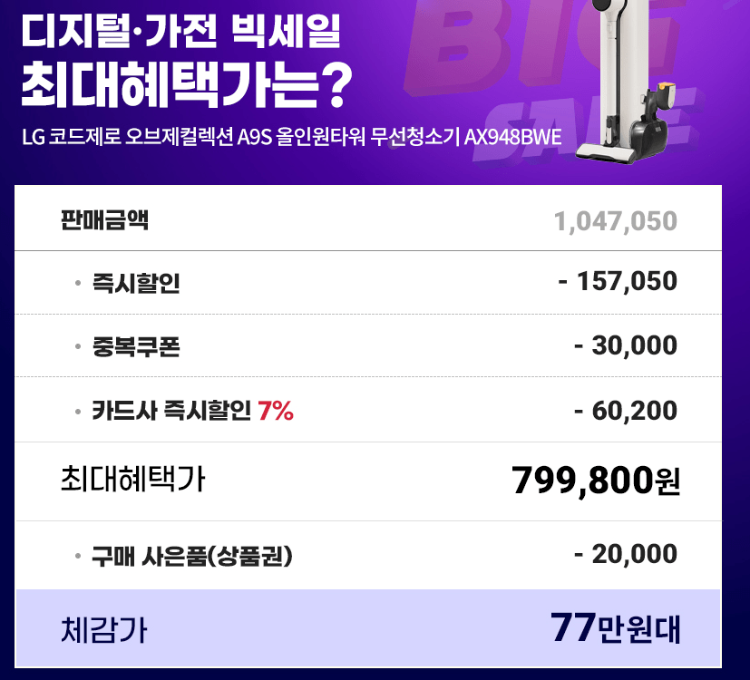 image.png [지마켓] LG 코드제로 오브제컬렉션 올인원타워 무선청소기 AX948BWE (782,600원) (무배)