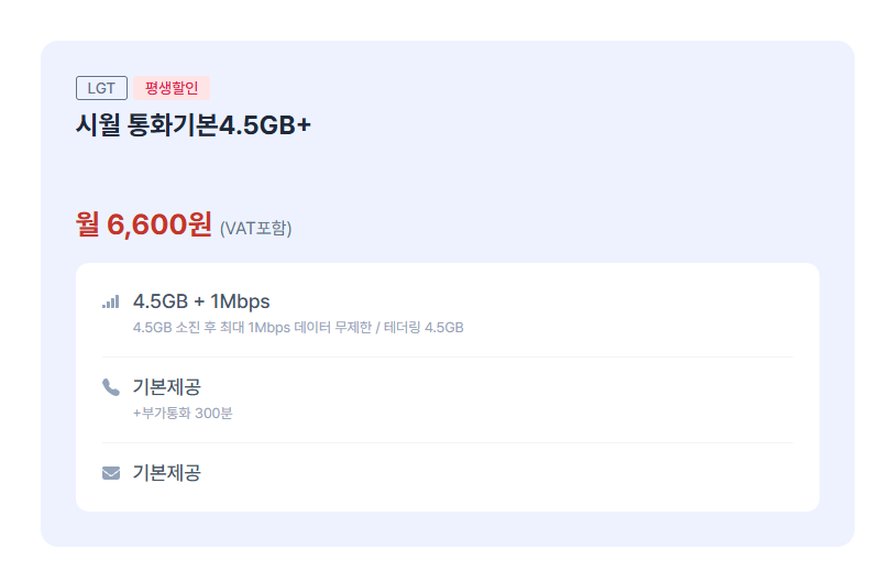 image.png [시월모바일] LG망 평생할인 알뜰요금제 4.5GB +1Mbps 데이터 무제한 +부가통화 300분 (6,600원) (무배)