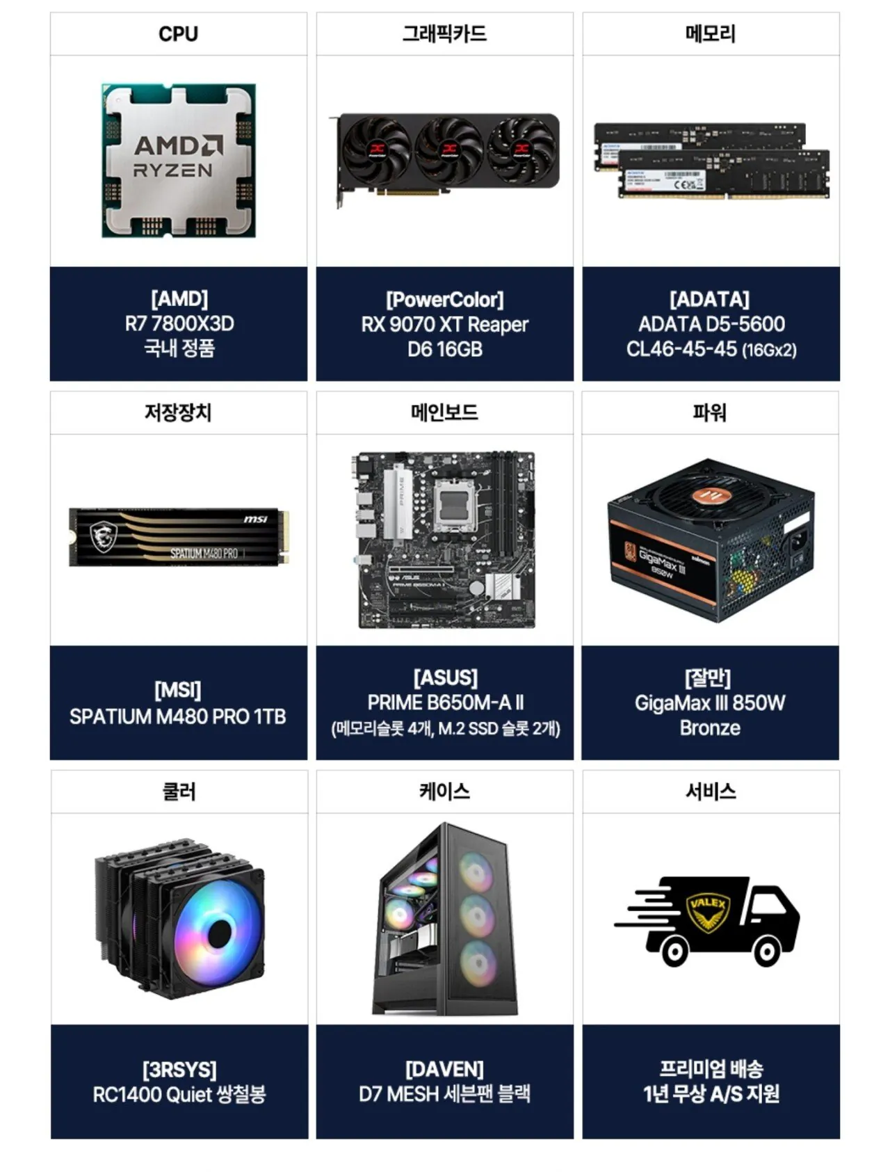 [11번가] (BC카드만)AMD 7800X3D+RX9070XT 16G+32GB+1TB 조립PC (2,199,940원) (무료)