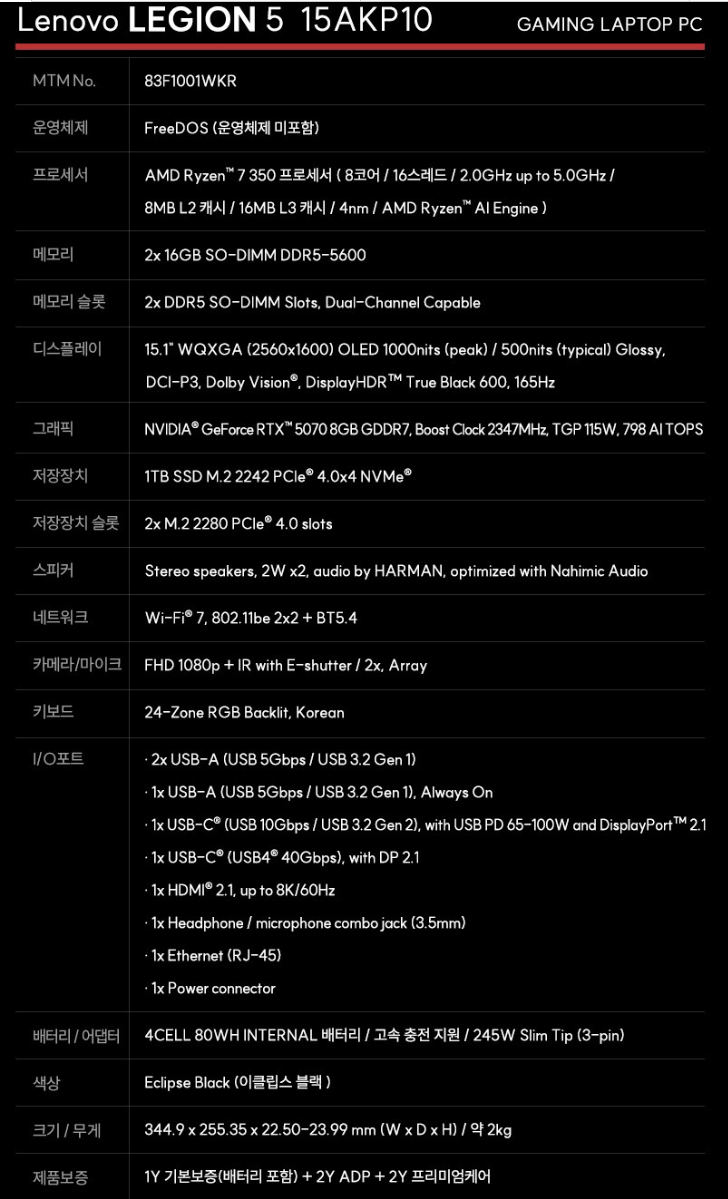 1.png [쿠팡] 레노버 리전5 15AKP10 5070 32G/1TB (1,964,750원) (무료)