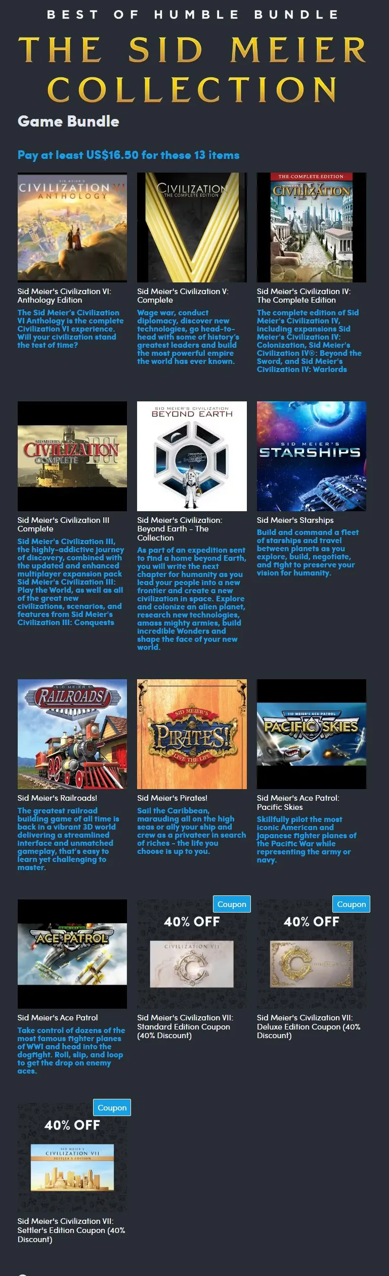 [Humble Bundle] Bộ sưu tập Sid Meier (bao gồm Civilization) ($16,5) (Miễn phí)