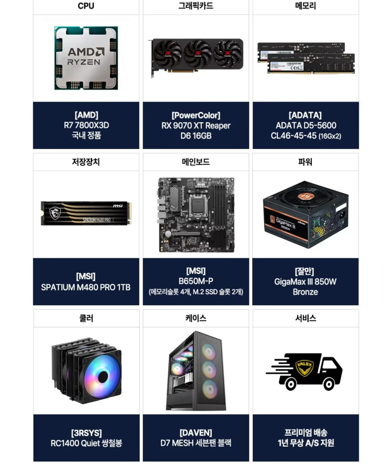 [Himart] 7800X3D+RX9070XT Đơn vị hoàn chỉnh 16G+32GB+1TB (KRW) 2,566,000) (miễn phí)