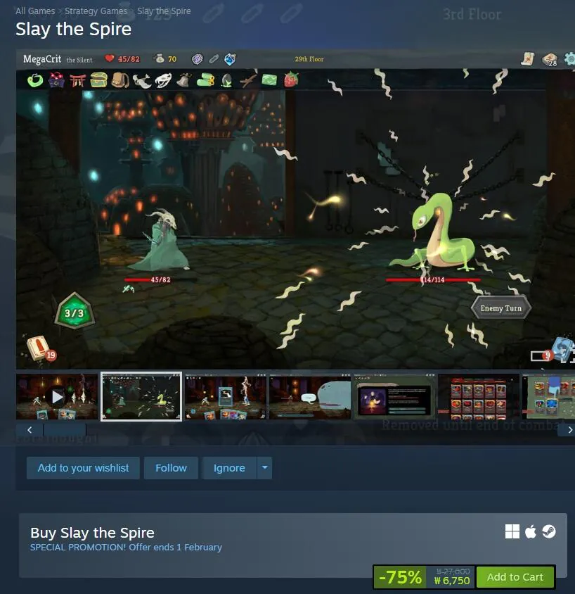 [Steam] Slay the Spire Giảm giá 75% (6.750 KRW) (Miễn phí)