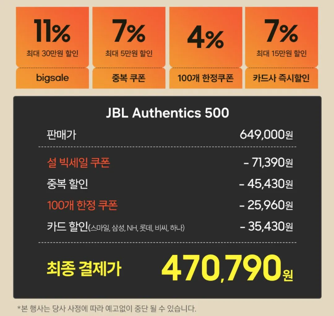 Screenshot_20260126_184827_Chrome.jpg [G Market] JBL Authentic 500 (470.790 KRW) (Miễn phí)
