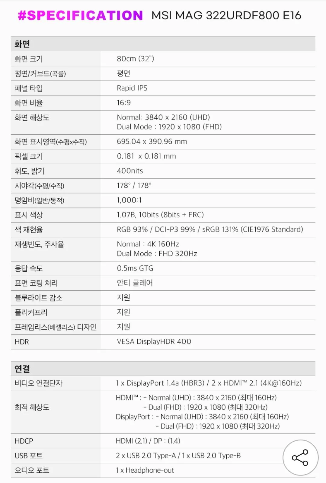 [G Market] MSI MAG 322URDF800 E16 32 inch chế độ kép màn hình chơi game 4K (412.590 KRW) (miễn phí)