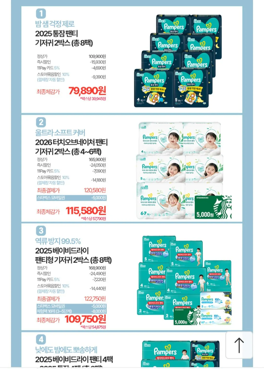 [11th Street] Tã quần lót ngủ Pampers 8 gói, 2 hộp (79.890 KRW) (Miễn phí)
