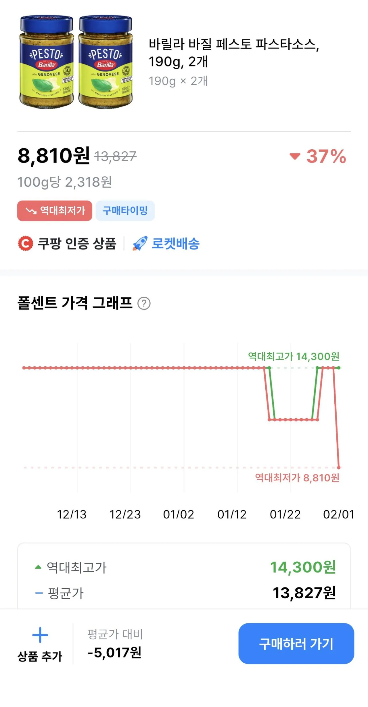 1769929133696.jpg [Coupang Wow] Sốt mì ống Barilla Basil Pesto, 190g, 2 miếng (8.810 KRW) (Miễn phí)