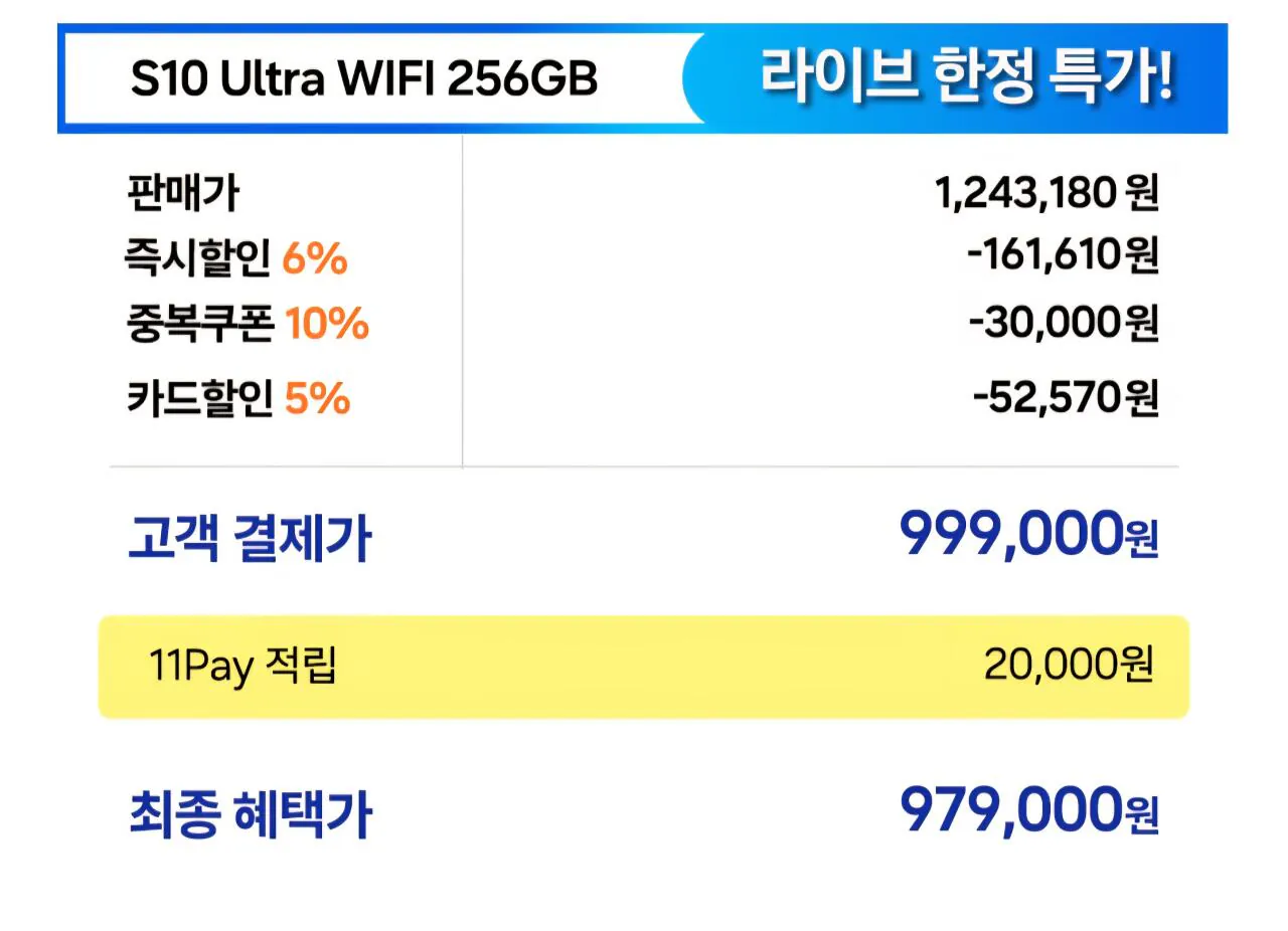 [11th Street] Samsung Galaxy Tab S10 Ultra Wi-Fi 256GB (999.000 KRW) (Miễn phí)