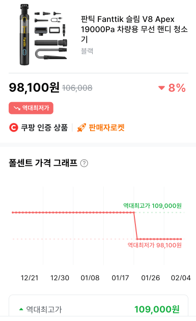 image.png [Coupang] Fanttik Slim V8 Apex Máy hút bụi tiện dụng không dây 19000Pa dành cho ô tô (98.100 KRW) (Giao hàng miễn phí)