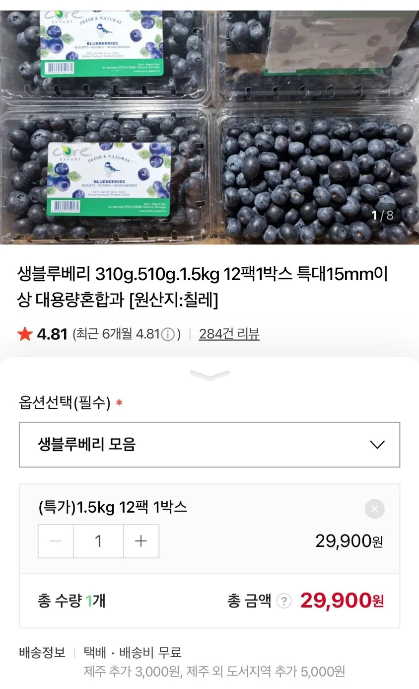 [Naver] Quả việt quất tươi Chile 125g 12 gói (tổng cộng 1,5kg) (29.900 KRW) (Miễn phí vận chuyển)