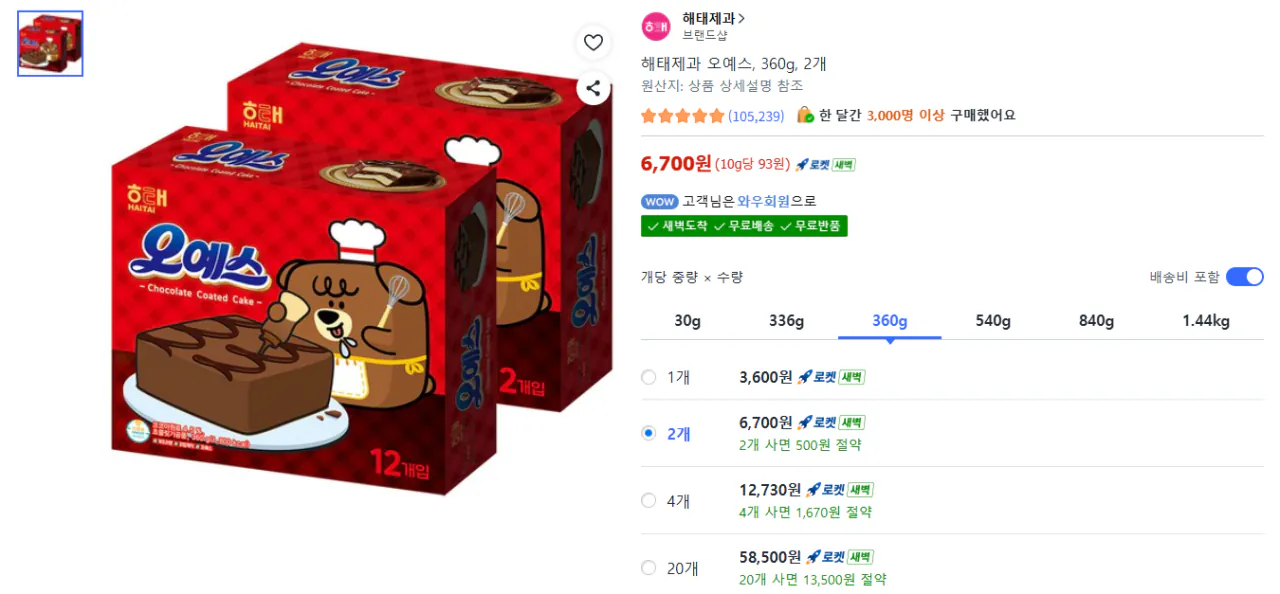 [Coupang] 2 Oyes 360g (6.700 won) (miễn phí)