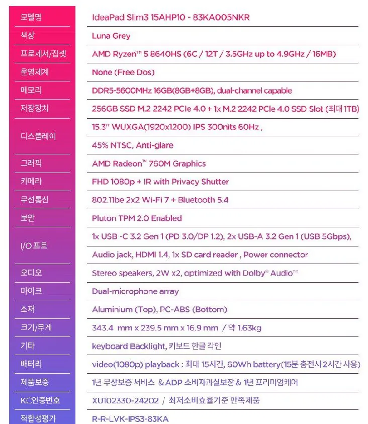Chụp màn hình 2026-03-04 110803.jpg [Coupang] Lenovo IdeaPad Slim 3 8640HS 16GB 256GB (688.150 won) (Miễn phí)