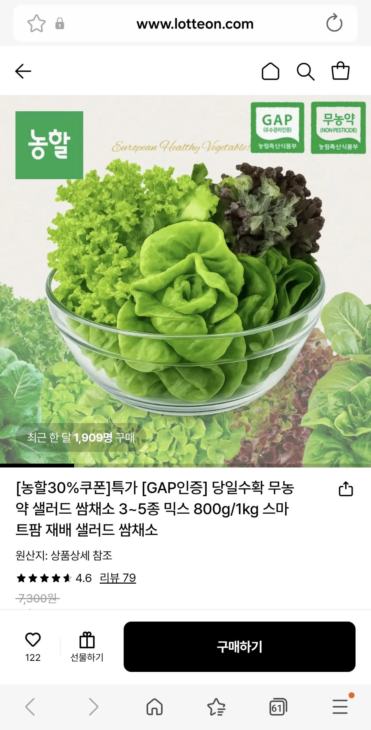 [Lotte On] Salad không thuốc trừ sâu thu hoạch trong cùng ngày 3-5 loại 1kg (5.650 KRW) (miễn phí)