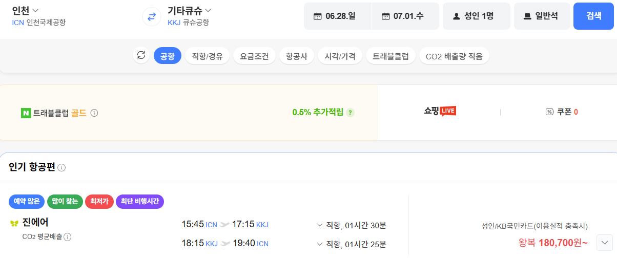 image.png [네이버항공권] 인천-기타큐슈 0628-0701 국민카드 (180,700원) (무료)