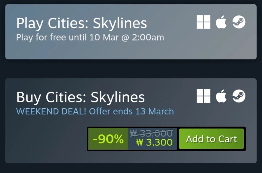 [Steam] Cities Skylines Giảm giá 90% 3300 won_1.webp