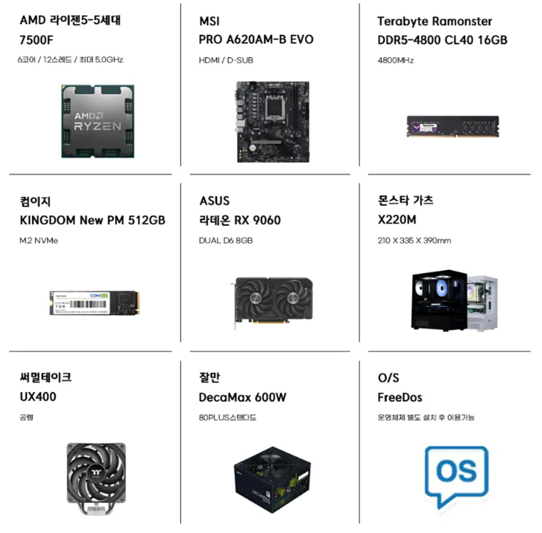 image.png [알리] 조립PC 완본체 7종 (7400F ~ 9800X3D / RX9060 ~ RX9060XT 16GB) (1,052,000원~) (무료)