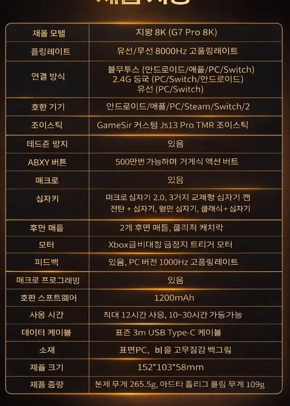 3b43b638.jpg [지마켓] [지마켓] GAMESIR 천왕성 8K G7 Pro 8K 무선 게임 컨트롤러 한정챔피언버전 (75,820원) (무료)