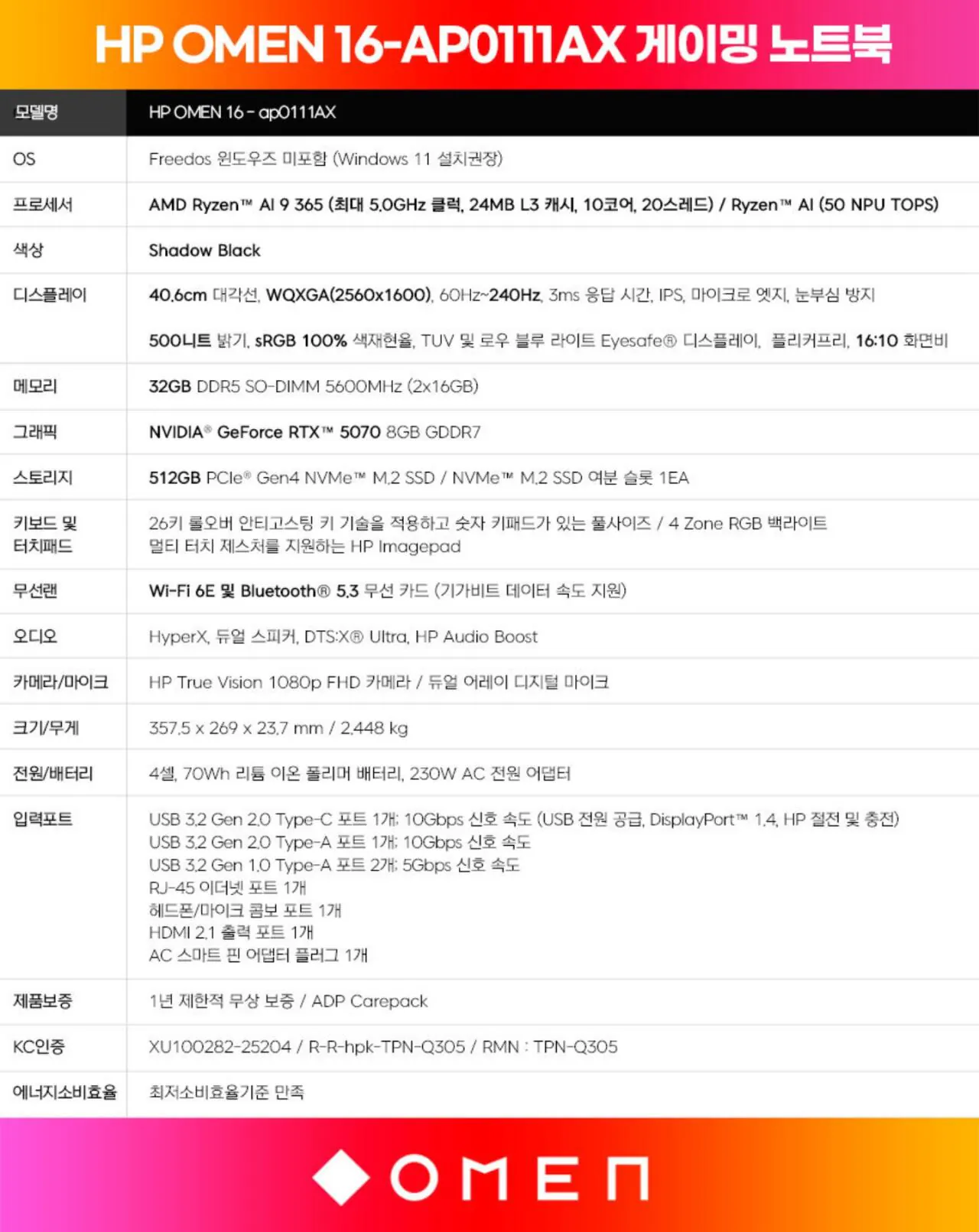 112091.jpg [G마켓] HP OMEN 16 라이젠AI9 365 + 5070 + D5 32GB + 512GB (2,099,000원) (무료)