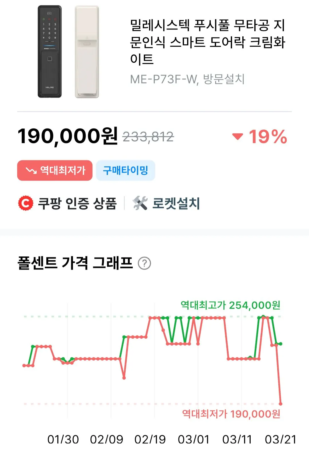 1000005788.jpg [쿠팡] 밀레시스텍 푸시풀 무타공 지문인식 도어락 ME-P73F-W (방문설치) (190,000원) (무료)