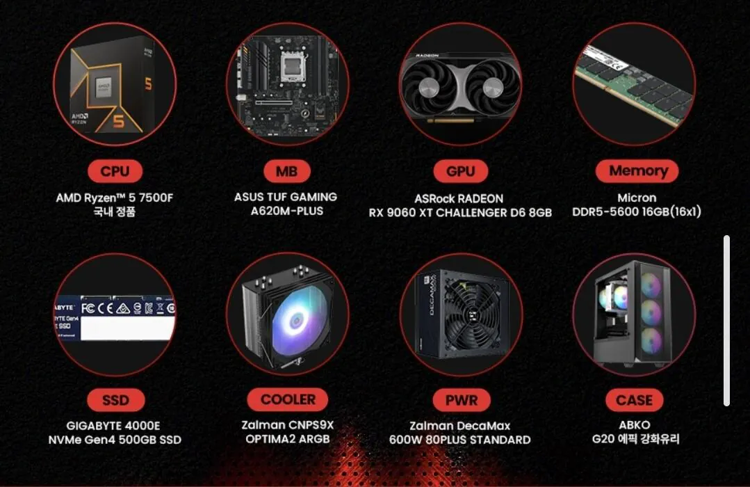 [지마켓] 라이젠 7500F RX9060XT 게이밍 컴퓨터 (119만9,170원) (0원)