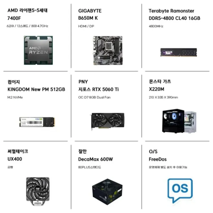 01.png [Ali] 3 loại PC lắp ráp (7400F) / 7800X3D + 5060 Ti 8GB) (1.232.000 won) (Miễn phí)