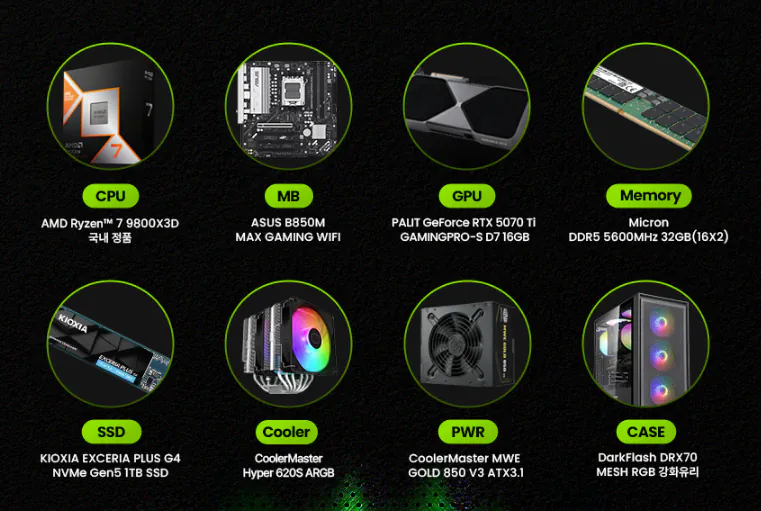 1775010270.png [지마켓] 게임용 추천 9800X 3D + 5070Ti / 작업용 추천 270K + 5070Ti 완본체 (2,849,800원) (무료)