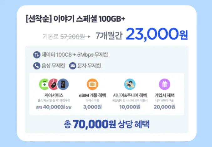 image.png [이야기모바일] 알뜰폰 100GB+5Mbps 통문무 7개월 (23,000원) (무배)