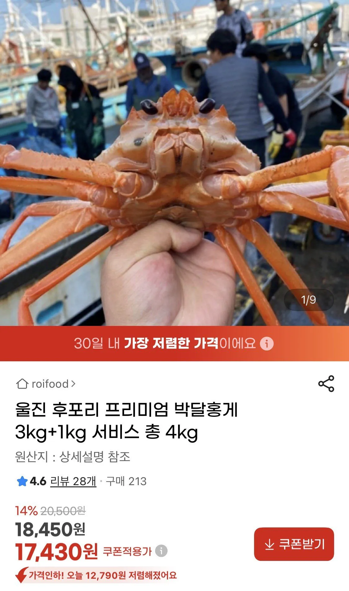 20260405_093754_552.jpg [지마켓] 울진 후포리 박달홍게 자숙 4kg 8-11미 산지직송 (수율보장 다리90% 몸통8~90%) (18,450원) (무료)