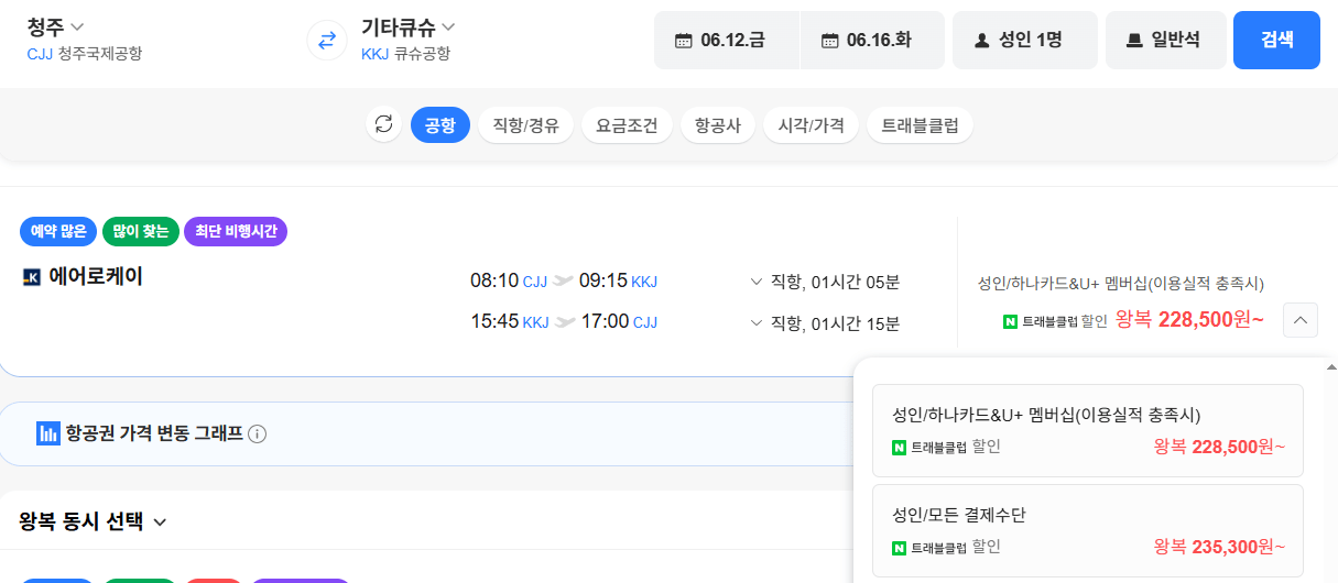 image.png [네이버항공권] 청주-기타큐슈 0612-0616 (235,300원) (무료)