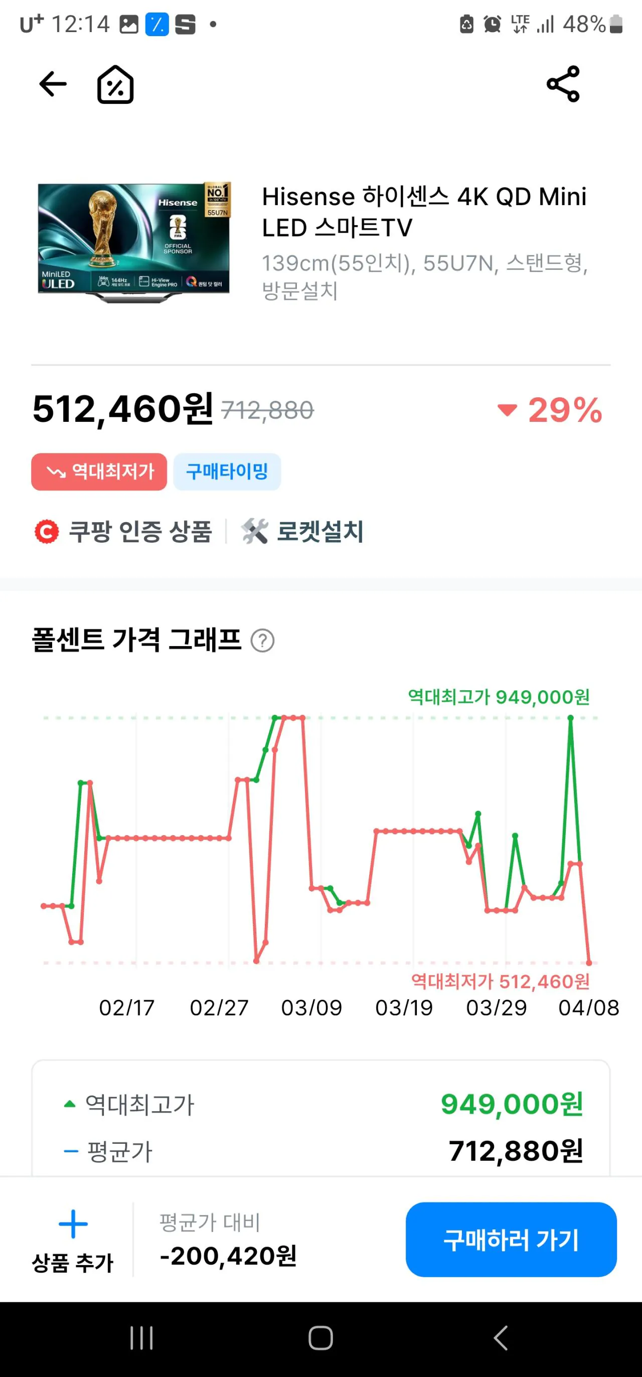 [쿠팡] 쿠팡 하이센스 55인치 55u7n (512,460원) (무료)