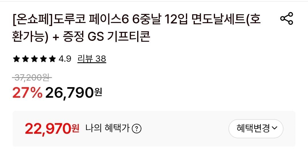 [롯데온] 도루코 페이스6 12입 면도날+GS25 3천원권 (22,970원) (무료)