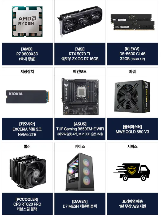 image.png [하이마트] [완본체] 9800X3D+RTX5070 Ti 16GB+32GB+2TB (2,945,900원) (무료)