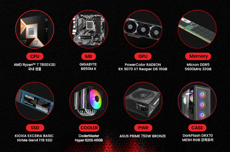 1776052572.png [지마켓] AMD 라라조합 조립PC 2종 (7500F+9060XT 16GB, 7800X 3D + 9070XT) (1,511,000원) (무료)