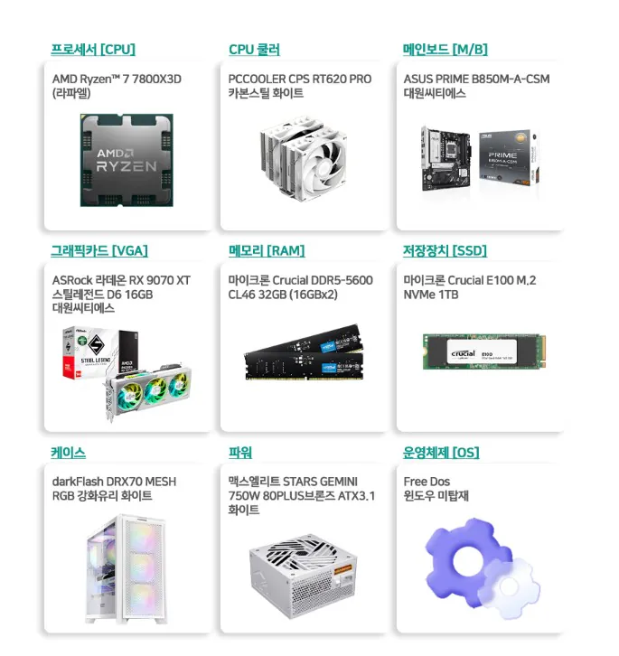 [알리] 7800X3D 9070XT 32G 1TB(디램X) 완본체 (2,043,936원) (무배)