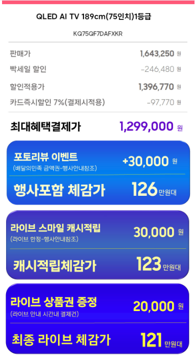 [지마켓] 삼성 4K QLED AI TV 189cm(75) KQ75QF7DAFXKR (체감가121만) (무료)