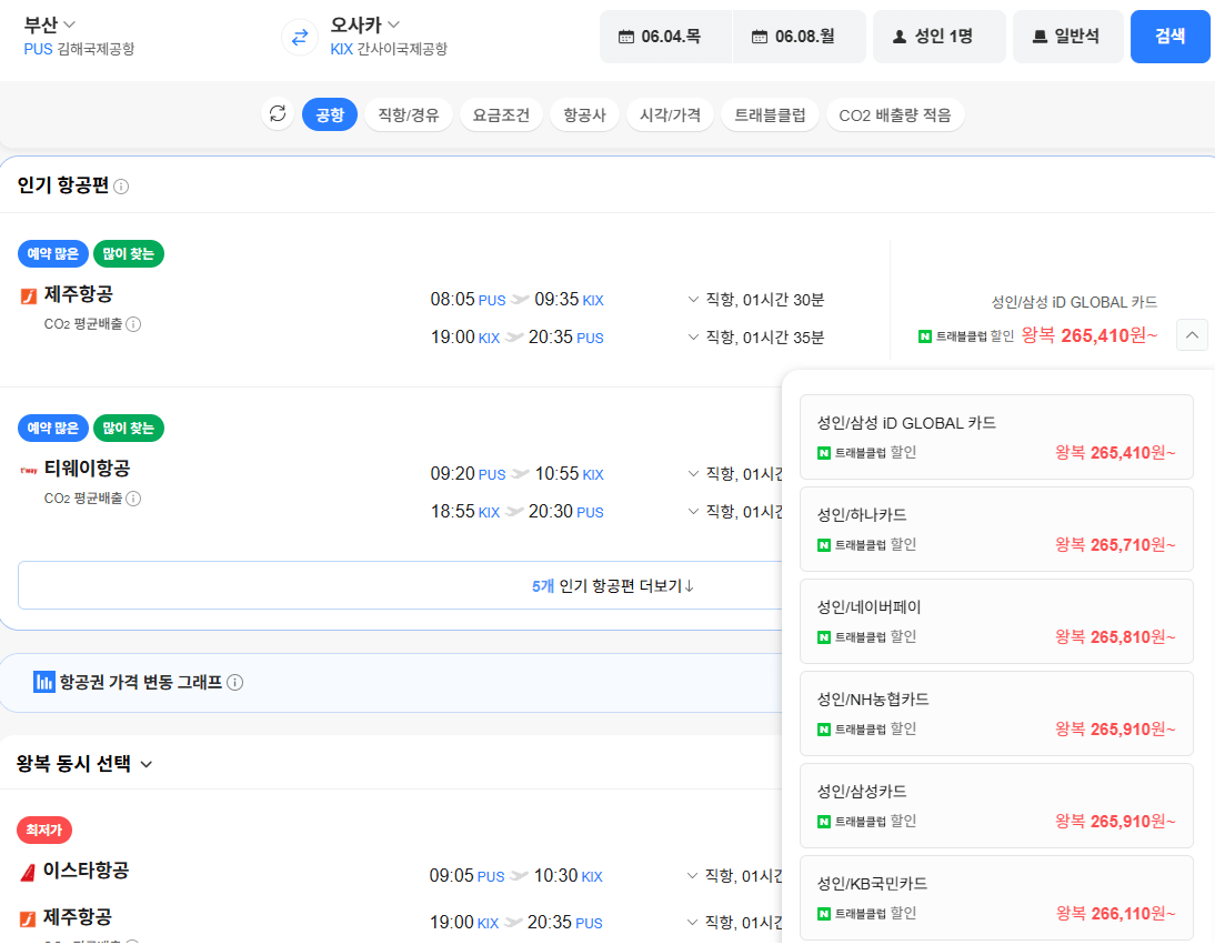 image.png [네이버항공권] 부산-오사카 0604-0608 하나카드 (265,710원) (무료)