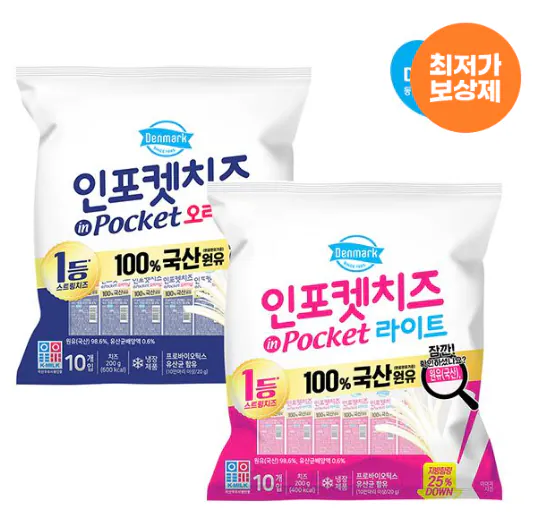 1.png [오늘의집] 동원 덴마크 인포켓치즈 (오리지널/라이트) 2종 20g*30개 (15,895원) (무료)