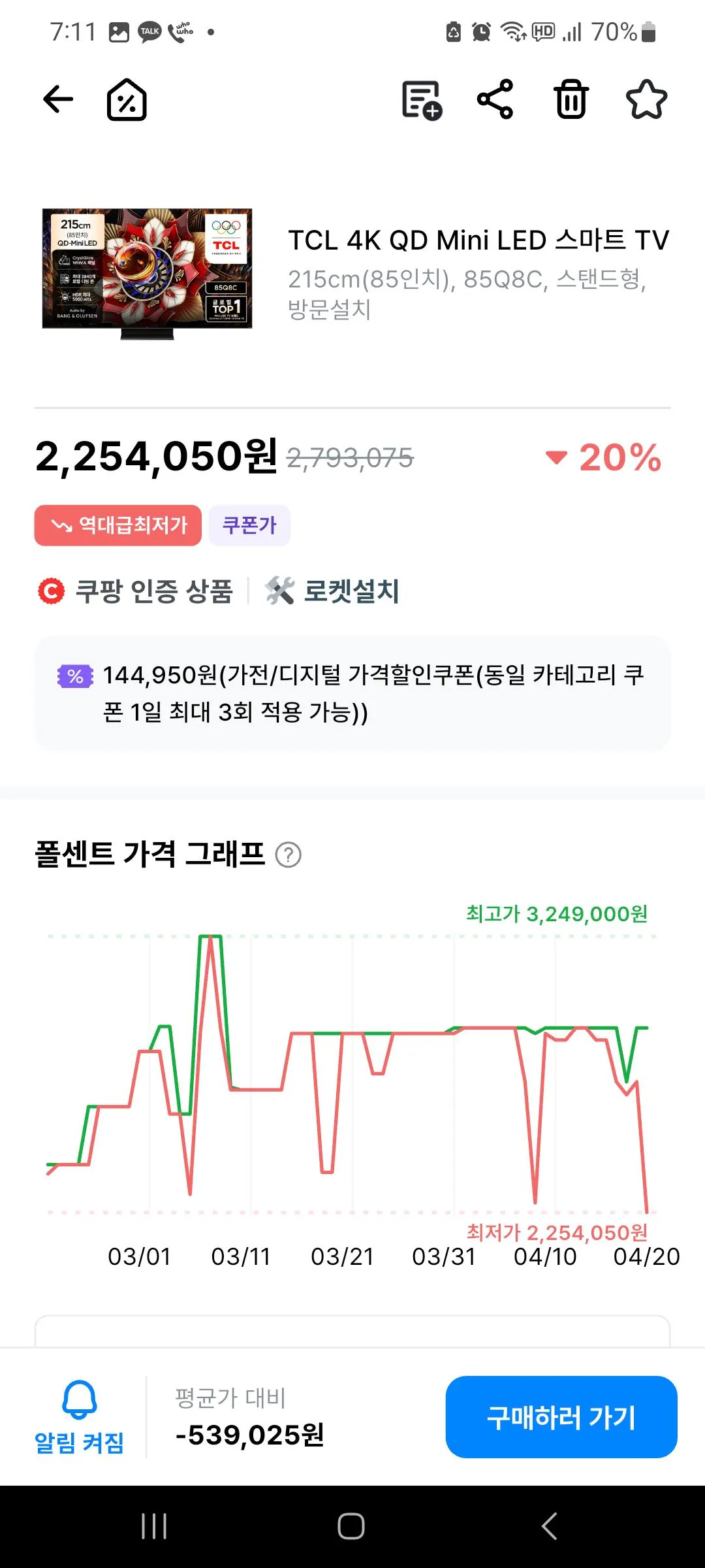 Screenshot_20260420_191148.jpg [Coupang] TcL 85q8c (2.254.050 KRW) (Miễn phí)